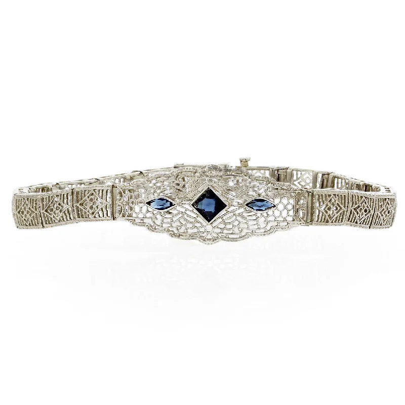 Beautiful Birthstone Bracelets For Special Occasions-Art Deco 14K Gold Blue Glass Filigree Bracelet