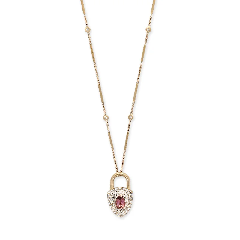 PAVE + BAGUETTE DIAMOND GEMSTONE LOCK SMOOTH BAR NECKLACE