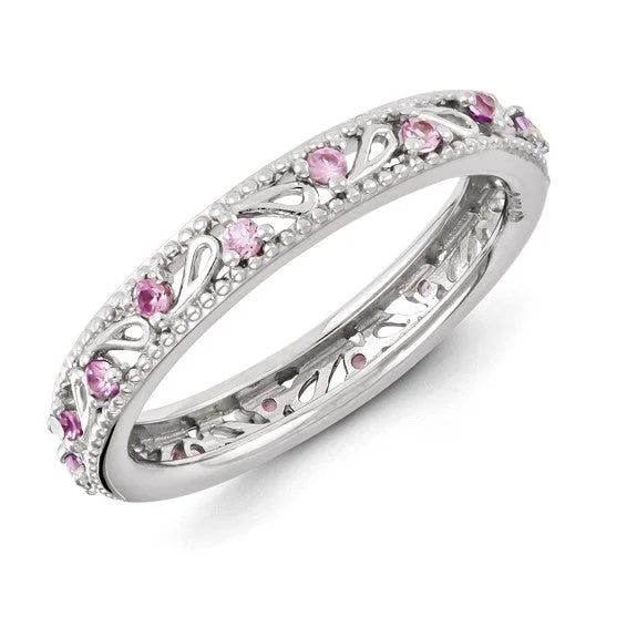 Unique Platinum Rings For Special Occasions-Sterling Silver Stackable Expressions Pink Sapphire Ring