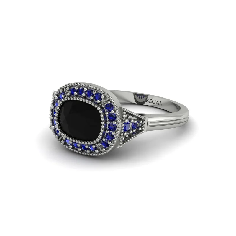 Stunning Sapphire Engagement Rings For Luxury Brides-Cushion Cut Black Diamond Milgrain Halo Engagement Ring - Blake No. 69