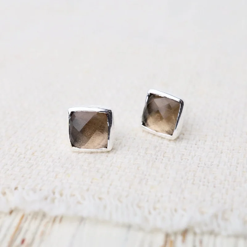 Fun Earrings For Playful Style-Silver Square Madeline Stud Earrings - Smokey Quartz