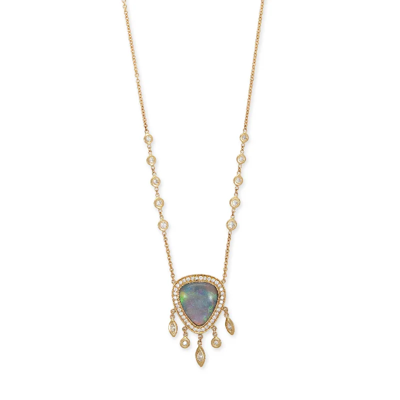 SMALL PAVE OPAL TRILLION + MARQUISE AND ROUND DIAMOND SHAKER NECKLACE