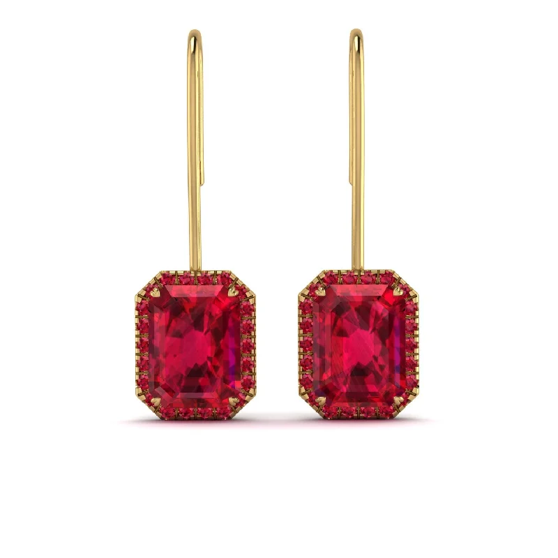 Designer Earrings For Upscale Fashion-Halo Emerald Cut Ruby Earrings - Izabella No. 55