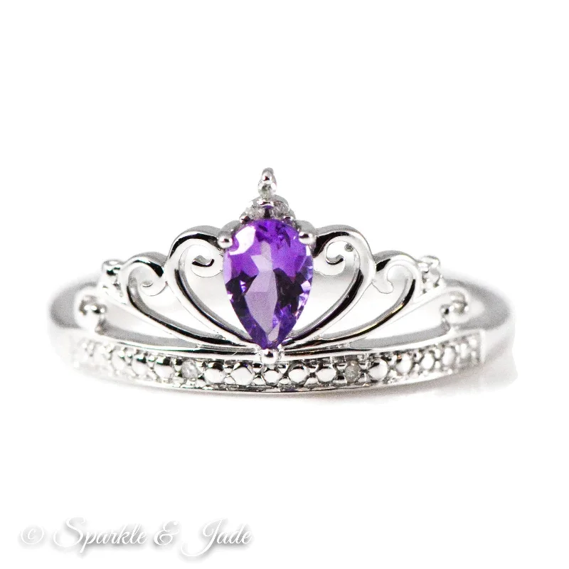 Elegant Engagement Rings For Timeless Glam-Sterling Silver Teardrop Pear Amethyst and Diamond Crown Ring