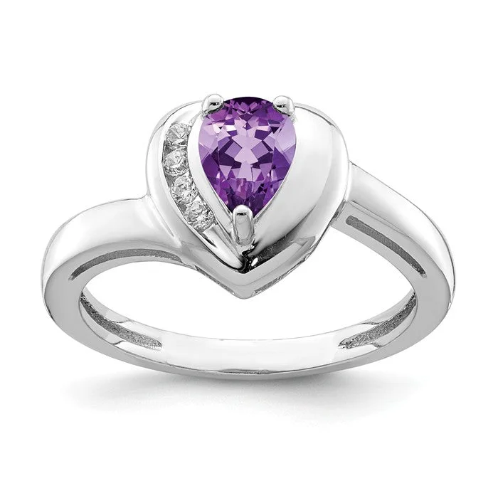 Timeless Wedding Rings For Classic Brides-Sterling Silver Amethyst Pear And White Topaz Heart Ring