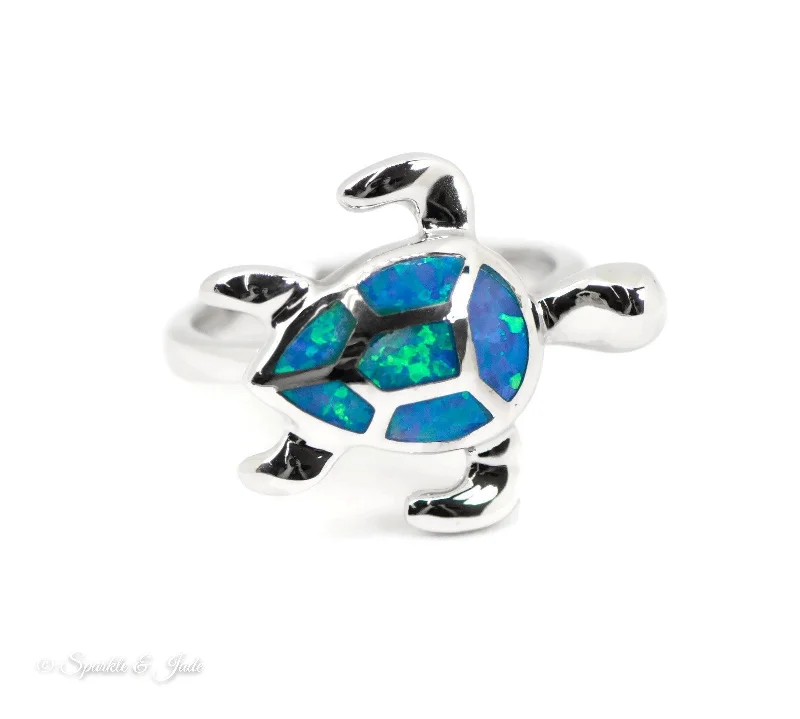 Stunning Sapphire Rings For Bridal Glam-Sterling Silver Alamea Hawaii Blue Opal Swimming Sea Turtle Ring