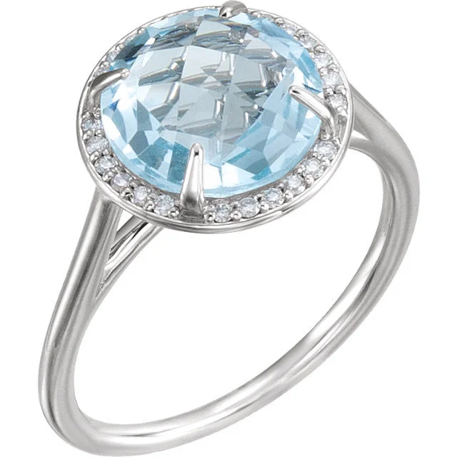 Elegant Rose Gold Rings For Elegant Fashion-14k Gold 8mm Round Sky Blue Topaz and .05CTW Diamond Halo Ring