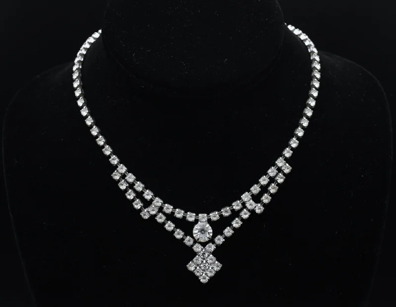 Vintage Silver Tone Rhinestone Drop Necklace - 14.5"