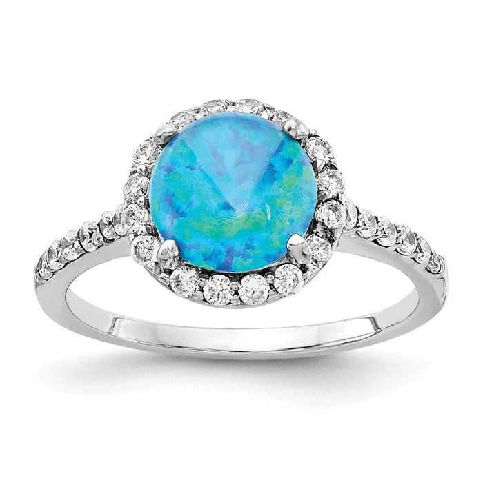 Elegant Sapphire Rings For Luxury Appeal-Cheryl M Sterling Silver Round Lab Created Blue Opal and CZ Halo Ring