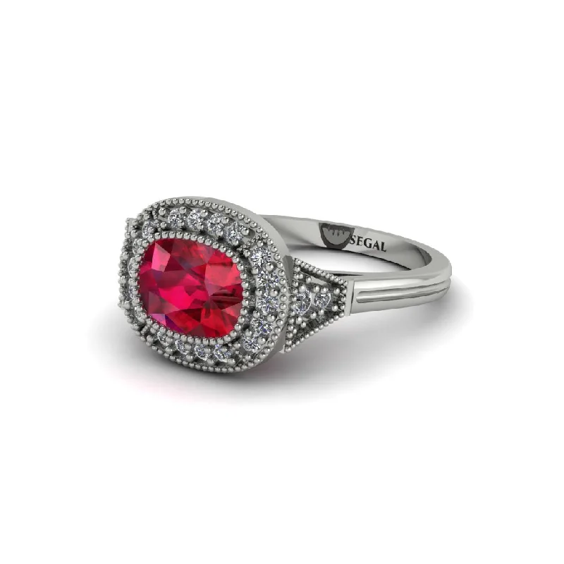 Timeless Wedding Rings For Classic Brides-Cushion Cut Ruby Milgrain Halo Engagement Ring - Blake No. 12