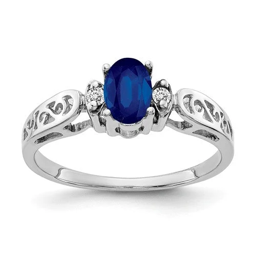 Customizable Birthstone Rings For Meaningful Jewelry-14k White Gold 6x4mm Oval Blue Sapphire and Diamond Filigree Side Ring