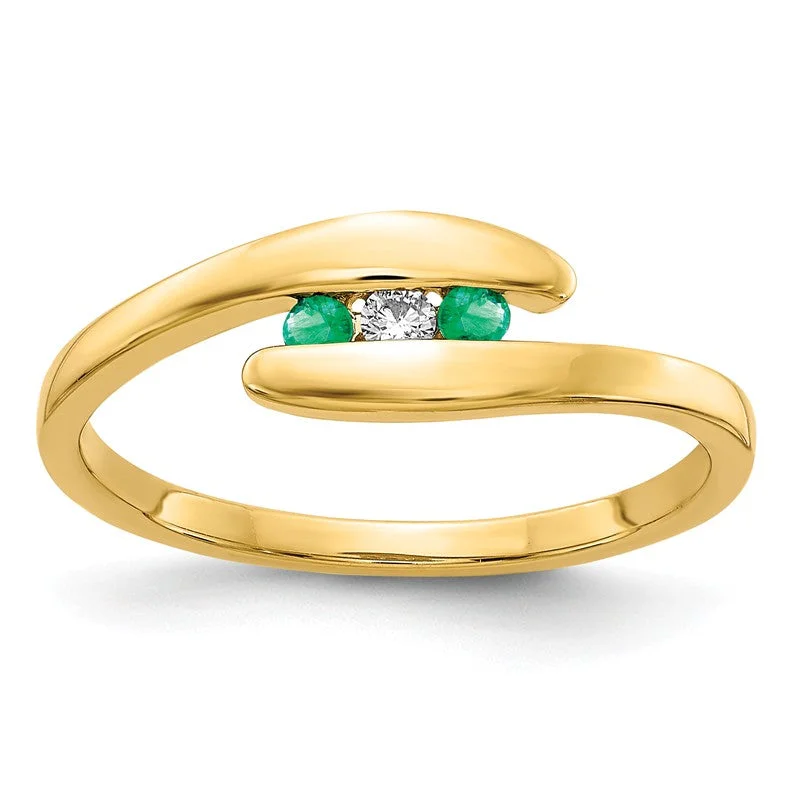 Gorgeous Wedding Rings For Bridal Glam-14k Yellow Gold Genuine Emerald And Diamond 3-Stone ByPass Ring