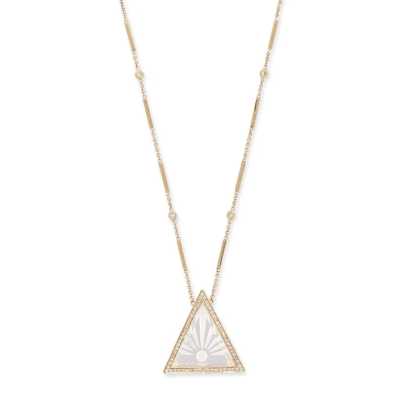 LARGE PAVE CARVED SUNSHINE CLEAR QUARTZ TRIANGLE SMOOTH BAR NECKLACE