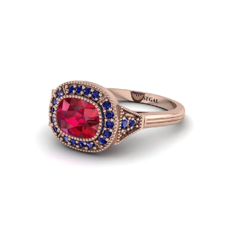 Stunning Gemstone Wedding Bands For Brides-Cushion Cut Ruby Milgrain Halo Engagement Ring - Blake No. 71