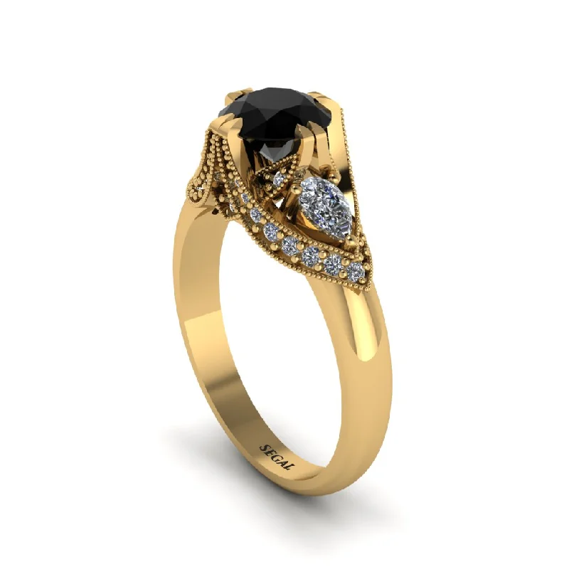 Simple Gemstone Wedding Rings For Elegant Wear-Black Diamond Vintage Round Cut Engagement Ring - Kali No. 7