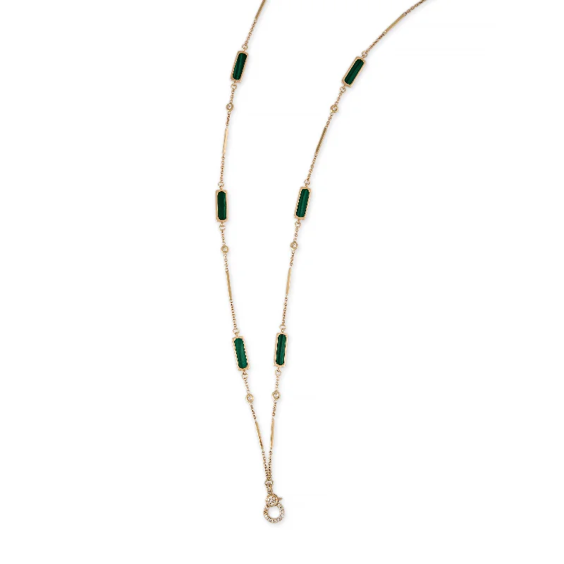 PAVE CHARM CLIP 6 MALACHITE INLAY DIAMOND SMOOTH BAR NECKLACE