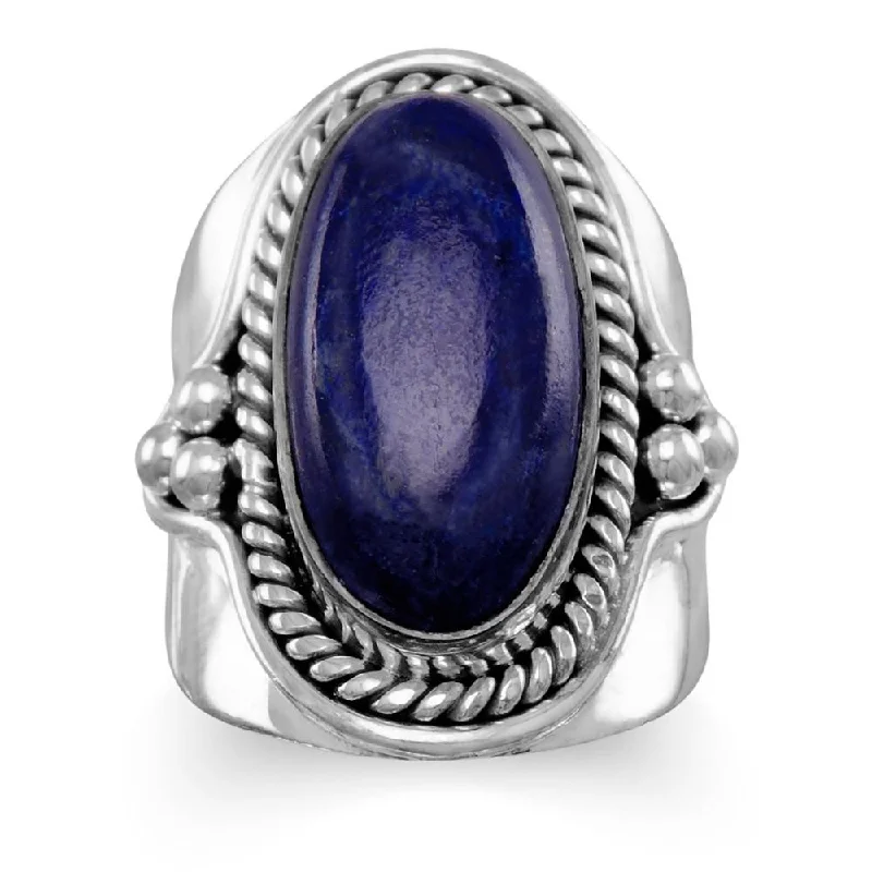 Classic Solitaire Wedding Rings For Elegant Glam-Sterling Silver Large Oval Lapis Ring