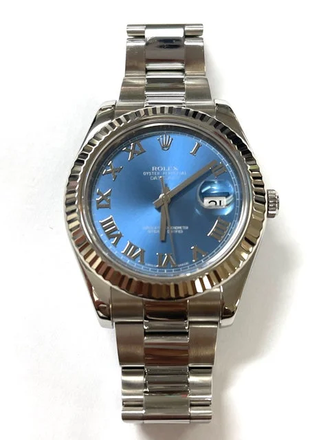 Timeless Titanium Watches For Durable Wear-Pre-Owned Rolex DateJust Timepiece Azzurro Stainless Steel 116334