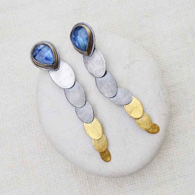 Elegant Drop Earrings For Weddings-Bi-color Kyanite Oval Pivot Earrings