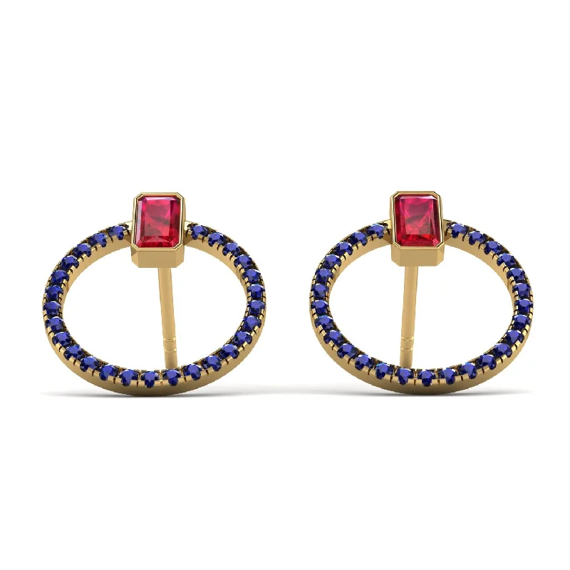 Vintage Earrings For Retro Style-Emerald Cut Circle Ruby Earrings - Oaklyn No. 70