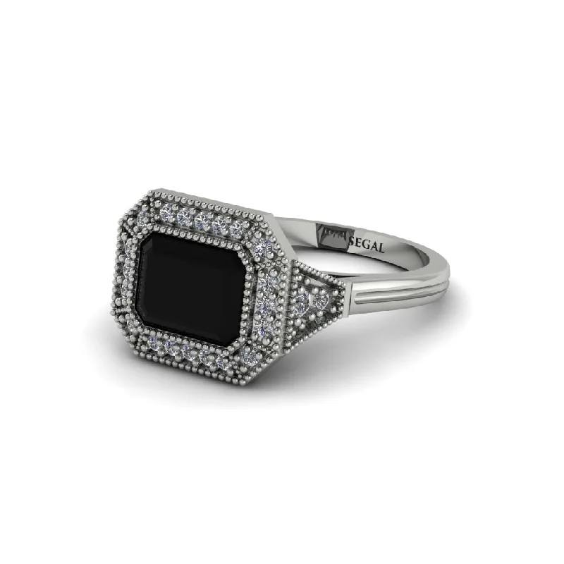 Luxury Platinum Engagement Rings For Brides-Emerald Cut Black Diamond Milgrain Halo Engagement Ring - Juniper No. 9