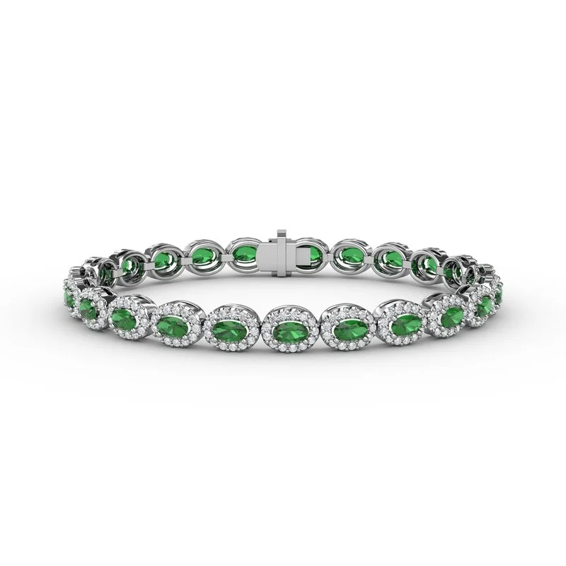 Elegant Wedding Bracelet Sets For Brides-Striking Oval Emerald and Diamond Bracelet B1161E