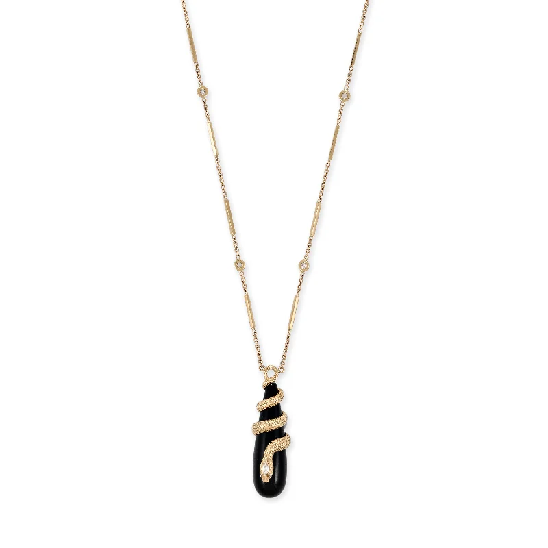 DIAMOND SNAKE WRAPPED ONYX DROPLET NECKLACE