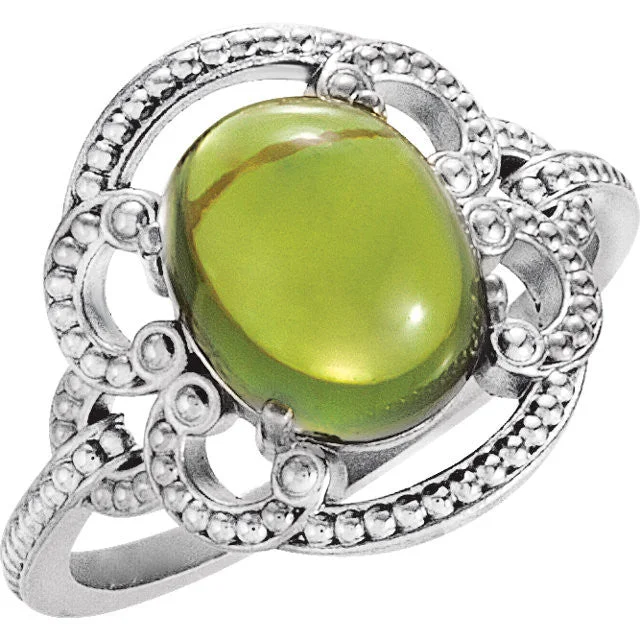 Personalized Gemstone Rings For Meaningful Fashion-14K Gold Oval Peridot 10mm Cabochon Granulated Design Ring