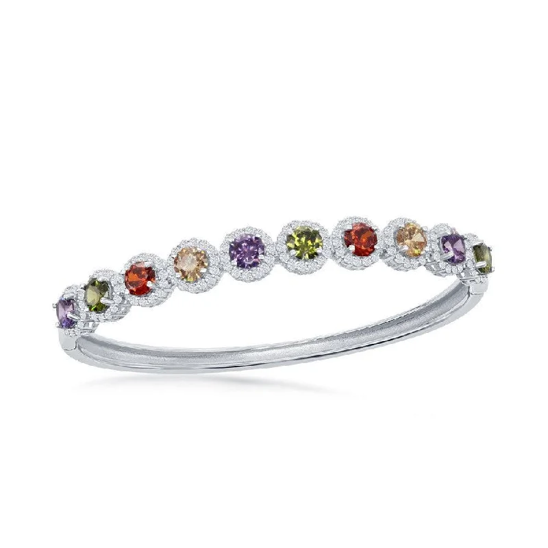 Stunning Pearl Bangles For Elegant Appeal-Sterling Silver Halo Rainbow CZ with White CZ Border Bangle