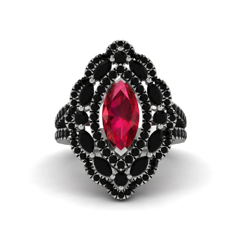 Beautiful Gemstone Rings For Bold Fashion-Ruby Three Layer Halo Marquise Ring - Destiny No. 42