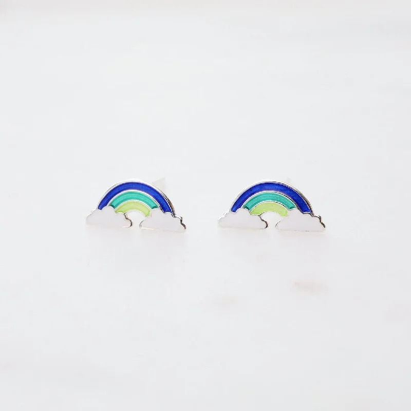 Simple Gold Earrings For Minimalist Style-Enamel Rainbow in Clouds Post Earrings - Blue, Teal, & Yellow