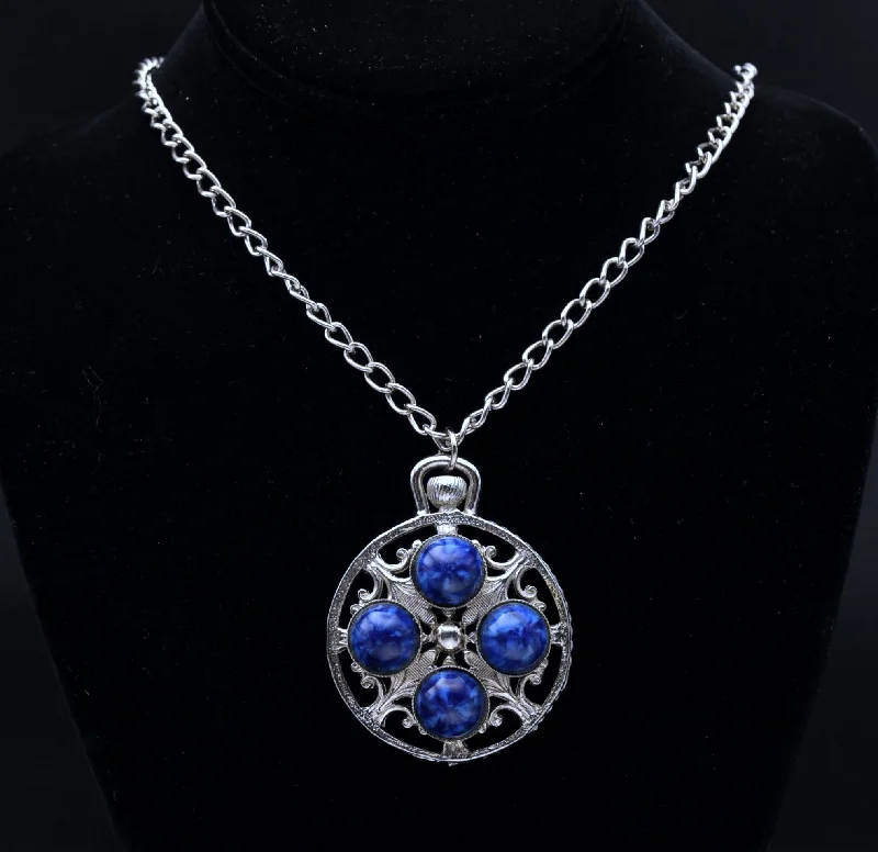 Vintage Faux Lapis Lazuli Silver Tone Pendant Chain Necklace - 20.5"