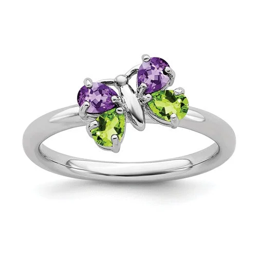 Stunning Gold Wedding Bands For Elegant Wear-Sterling Silver Stackable Expressions Peridot and Amethyst Butterfly Ring