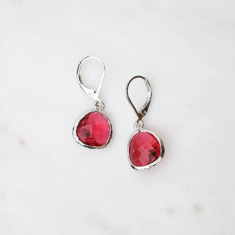 Sparkling Gemstone Earrings For Special Occasions-Sterling Silver Fuchsia Crystal Lever Back Earrings