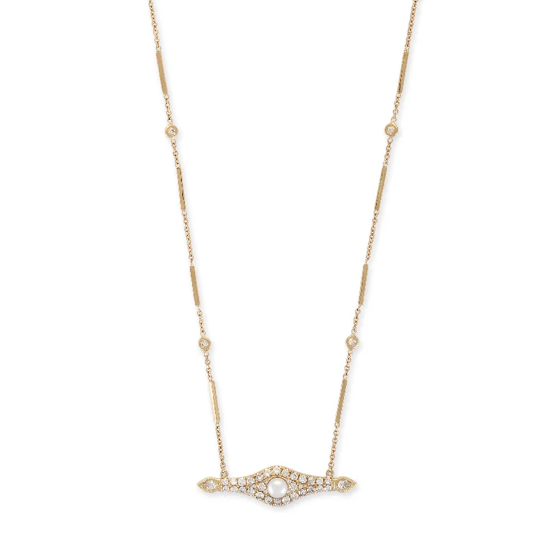 PEARL CENTER PAVE TEARDROP DIAMOND SIDES NECKLACE