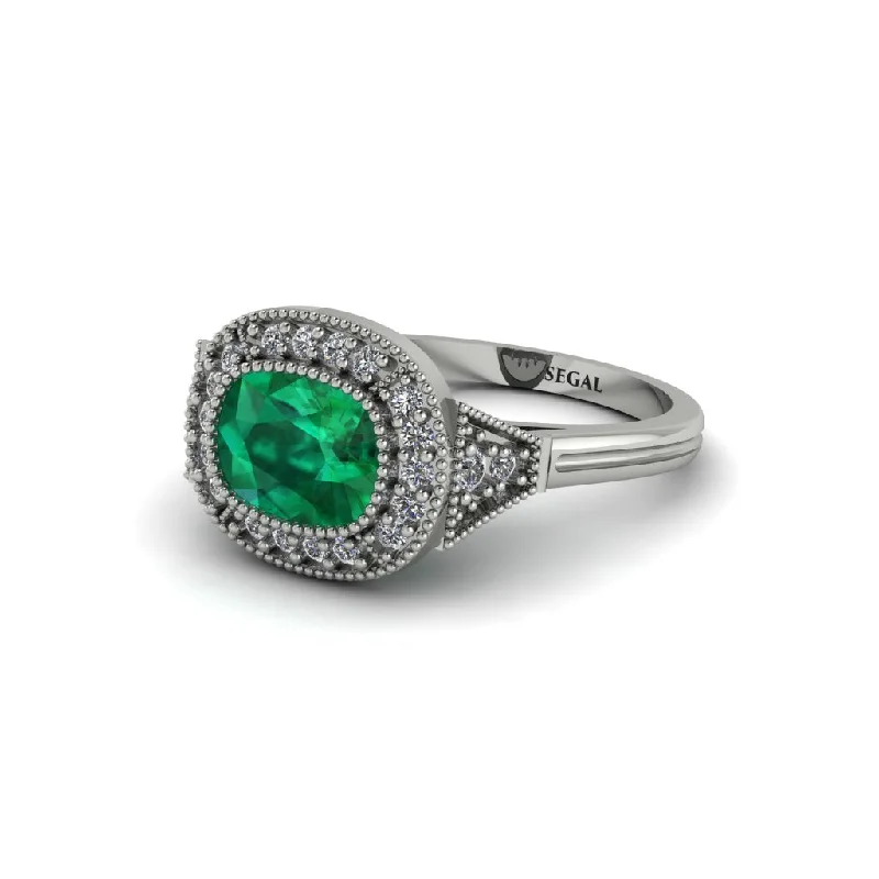 Gorgeous Diamond Wedding Bands For Elegant Brides-Cushion Cut Emerald Milgrain Halo Engagement Ring - Blake No. 6