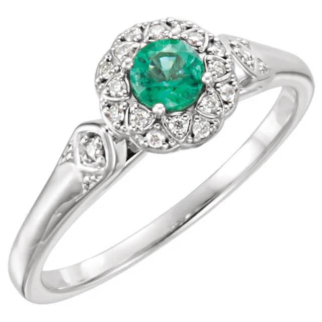 Personalized Engagement Bands For Custom Proposals-14k Gold Genuine Emerald & 1/10 CTW Diamond Halo-Style Ring