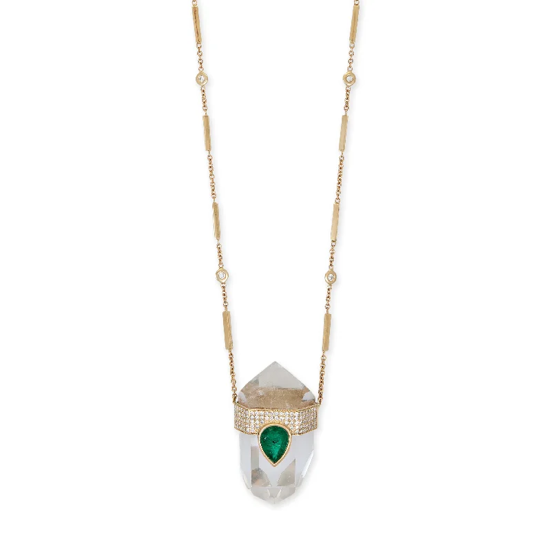 LARGE PAVE EMERALD TEARDROP CAP + CLEAR QUARTZ CRYSTAL NECKLACE