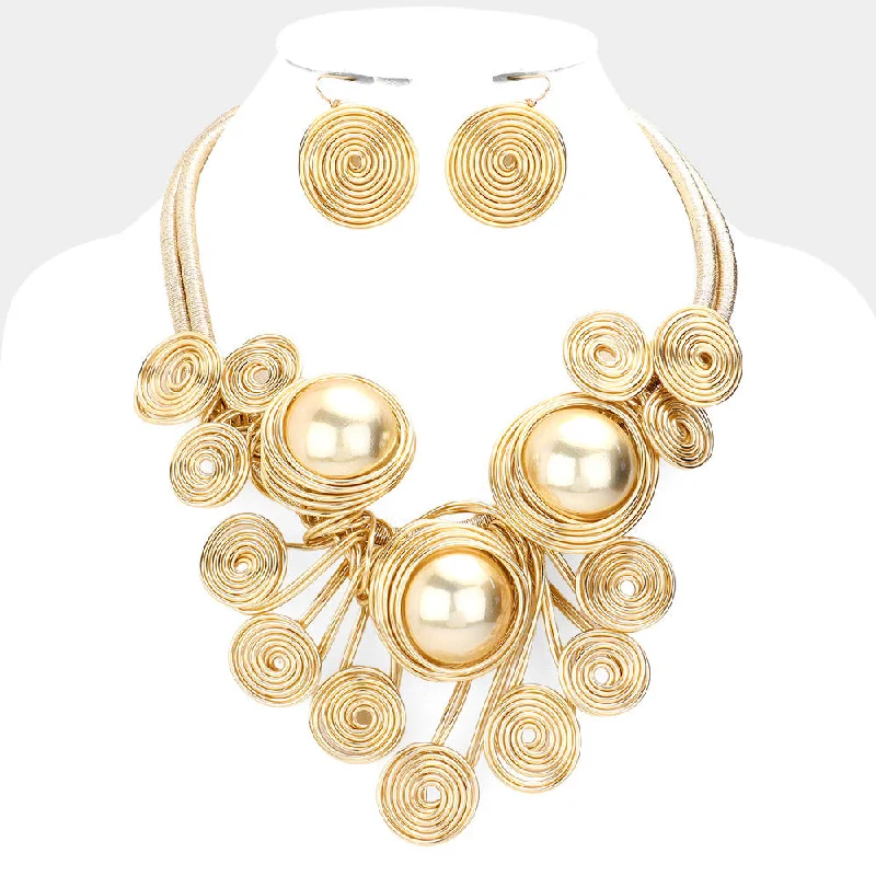 Triple Pearl Accented Swirl Metal Wire Necklace