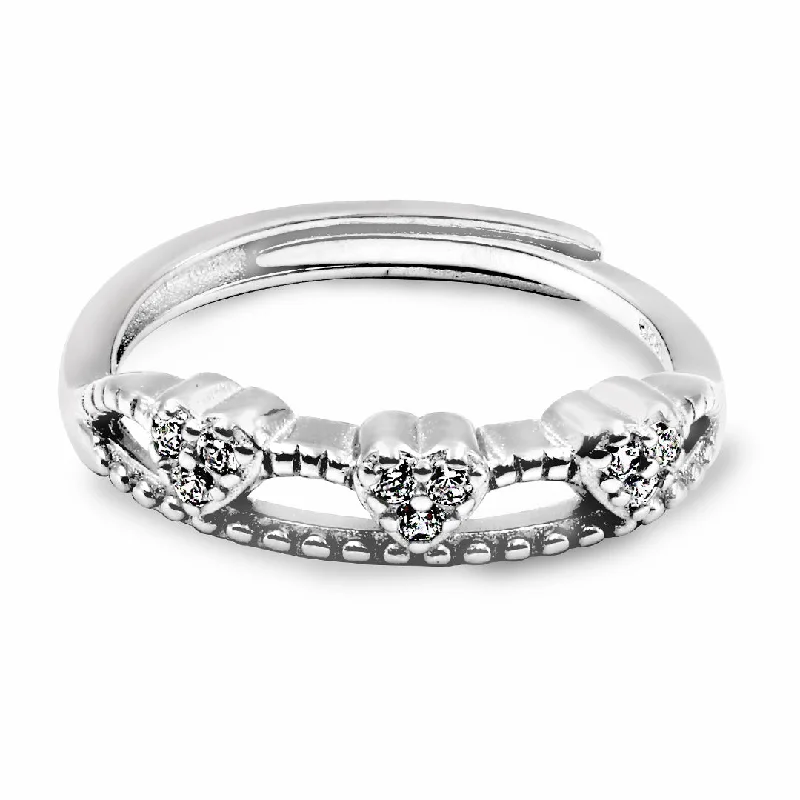 Luxury Diamond Rings For Elegant Weddings-Zarkan Triple Heart Ziron Crown Silver Ring