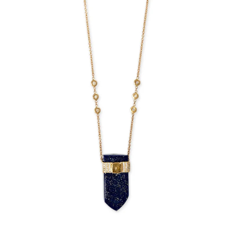 PAVE ROSE CUT DIAMOND CENTER CAP LAPIS POINTED CRYSTAL NECKLACE