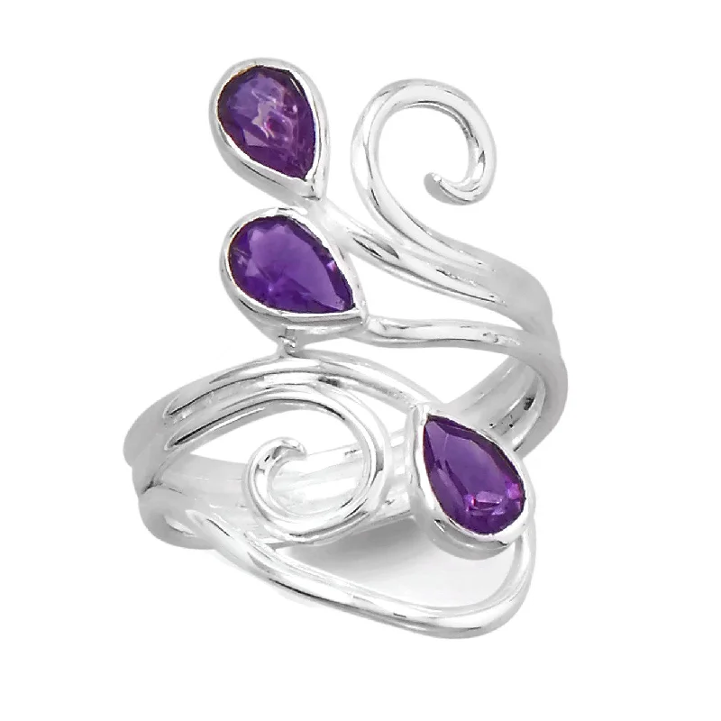 Beautiful Ruby Rings For Special Occasions-Sterling Silver Pear Amethyst Scroll Design Ring