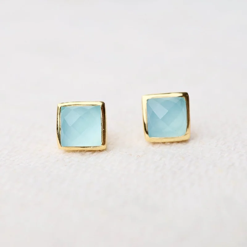 Sparkling Beaded Earrings For Festive Looks-Madeline Stud Earrings - Vermeil Square - Aqua Blue Chalcedony