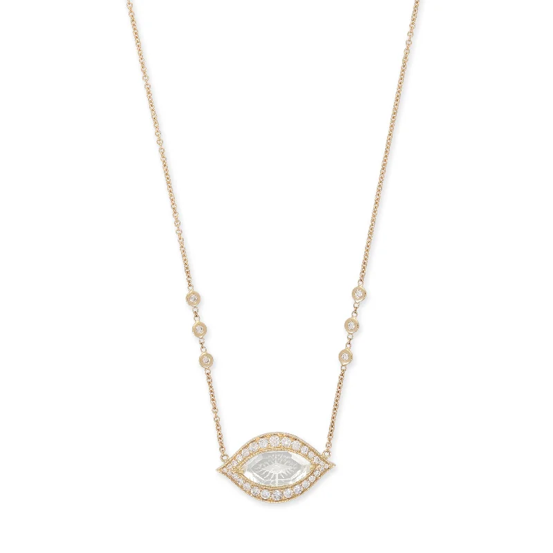 PAVE CARVED EYE BURST CLEAR QUARTZ MARQUISE NECKLACE