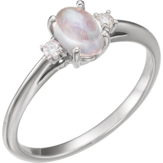 Timeless Wedding Rings For Classic Brides-Oval 7x5mm Rainbow Moonstone & Diamond Ring - Sterling Silver or 14k White Yellow or Rose Gold