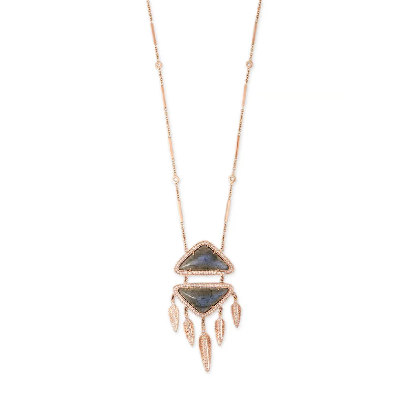 LABRADORITE PAVE DIAMOND DOUBLE TRIANGLE FEATHER SHAKER NECKLACE