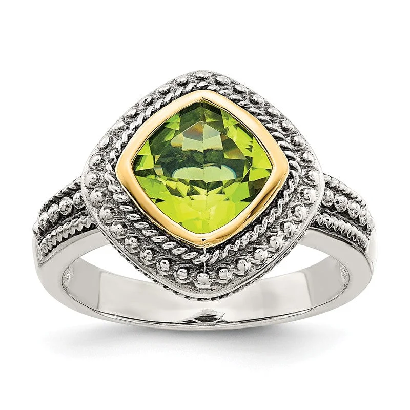 Unique Stackable Engagement Rings For Layered Looks-Shey Couture Sterling Silver w/ 14k Gold Accents 8mm Cushion Cut Peridot Ring