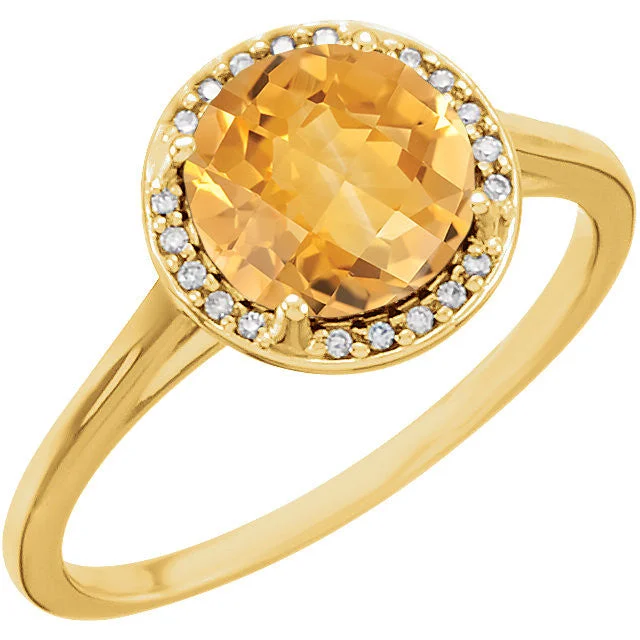 Bold Wedding Rings For Fashion-Forward Couples-14k Gold Genuine 8mm Round Citrine & .05 CTW Diamond Halo Ring