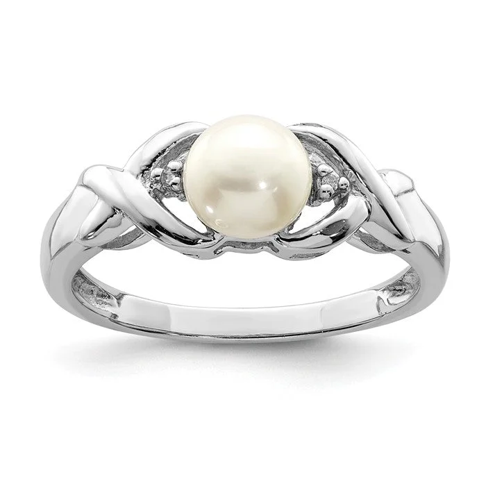 Simple Platinum Rings For Classic Style-Sterling Silver Freshwater Cultured Pearl & Diamond Ring