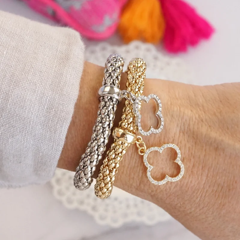 Affordable Gemstone Bangle Sets For Fashion Lovers-I'm So Lucky Clover Charm Snake Chain Bracelet Bangle